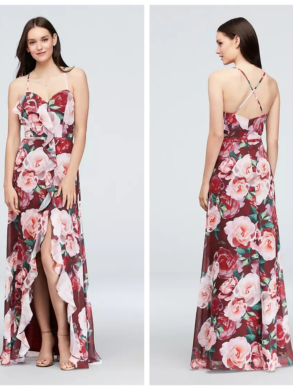 CACHET Burgundy Cream Floral Cascading Ruffle Maxi Dress Sz 2 Chiffon Fairy